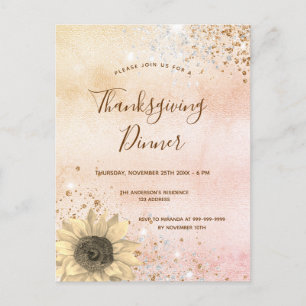 Rose gold rustic sunflower Thanksgiving Dinner Invitation Postcard