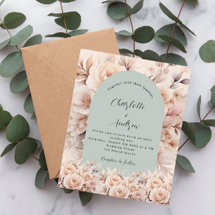 Rose gold sage green arch wedding invitation