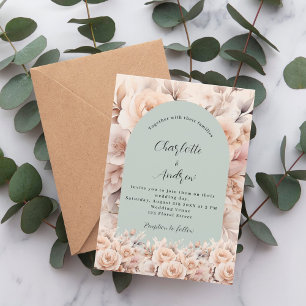 Rose gold sage green floral arch elegant wedding invitation