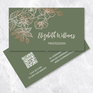 Rose Gold Sage Green Line Art Floral  | QR Code Business Card