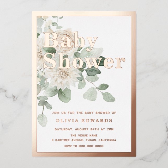 Rose Gold Sage Green White Floral Baby Shower (Front)
