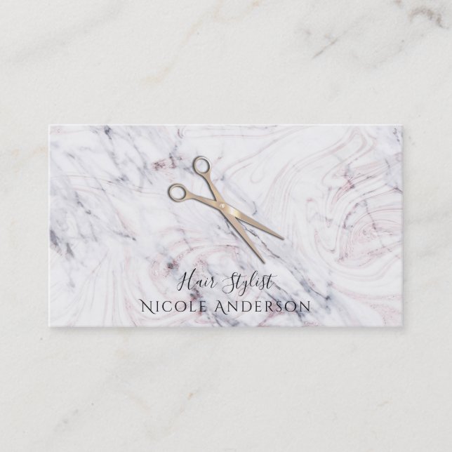 Rose Gold Salon Hair Stylist Scissors & Marble Business Card (Front)