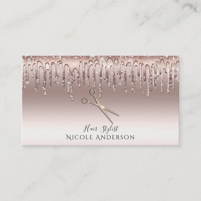 Rose Gold Salon Hair Stylist Scissors Pink Glitter Business Card (Front)