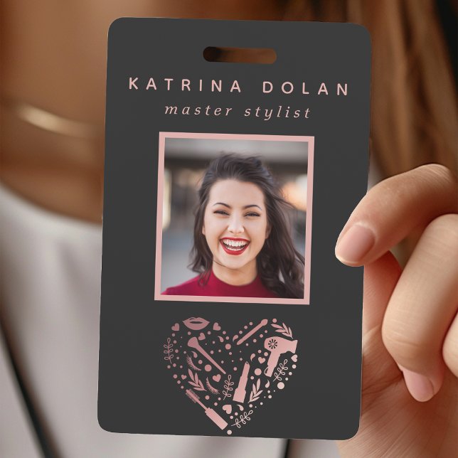 Rose Gold Salon Heart Photo Hair Stylist ID Badge (Creator Uploaded)