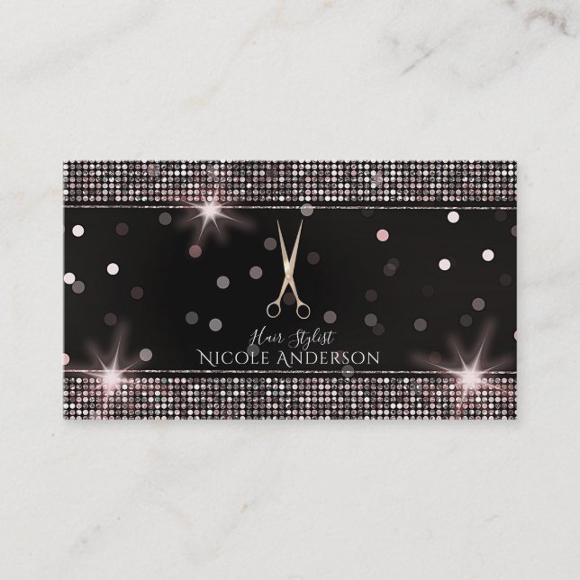 Rose Gold Salon Stylist Scissors Pink Sequin Business Card (Front)