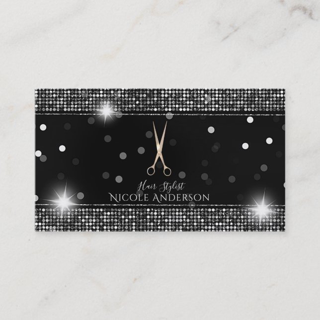 Rose Gold Salon Stylist Scissors Silver Sequin Business Card (Front)