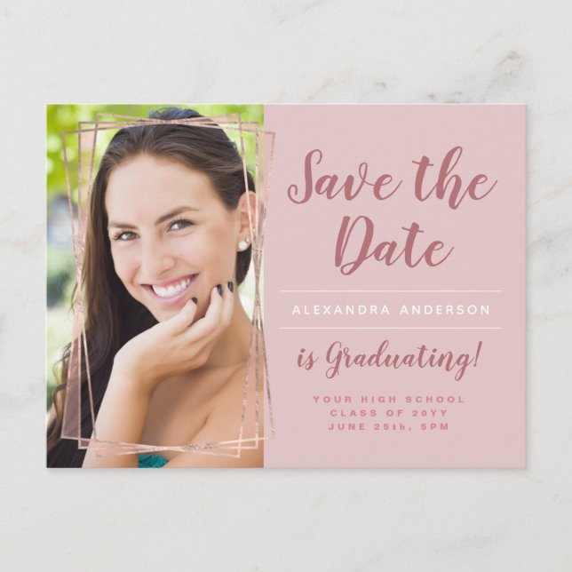 Rose Gold Save the Date Photo Graduation Postcard (Front)