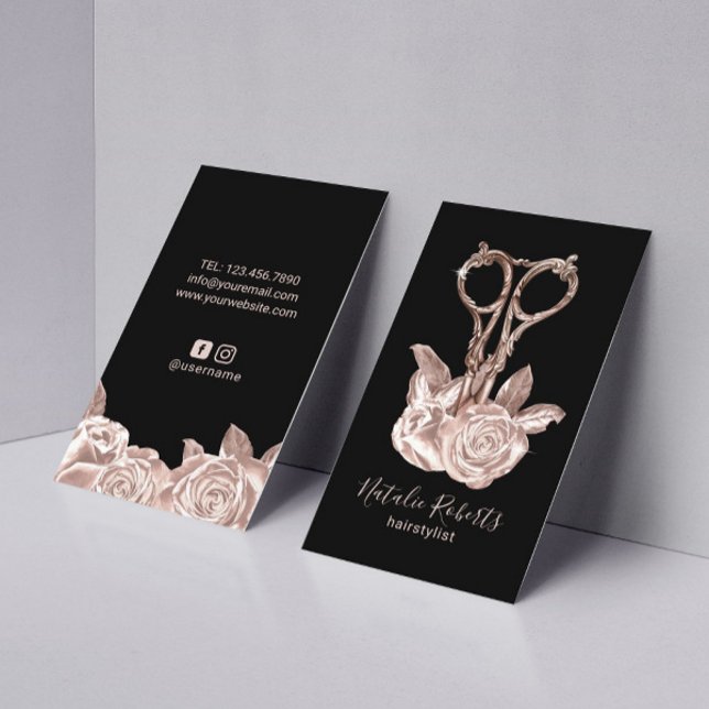 Rose Gold Scissor & Flowers Hair Stylist Salon Business Card (Creator Uploaded)