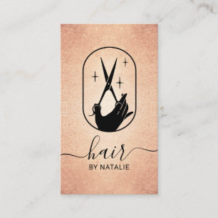 Rose Gold Scissor & Hand Logo Hair Stylist Salon Business Card