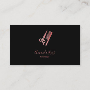 Rose gold scissors and comb black business card