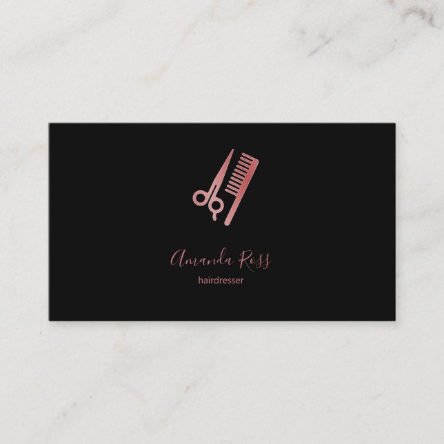 Rose gold scissors and comb black business card (Front)