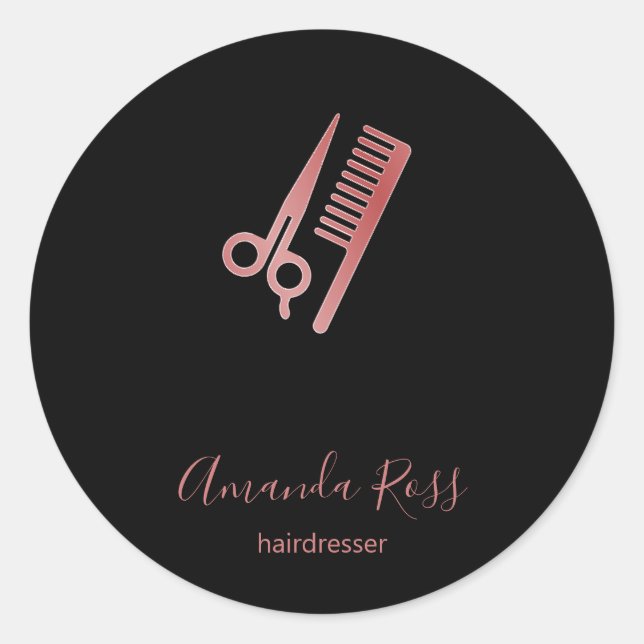 Rose gold scissors and comb black classic round sticker (Front)
