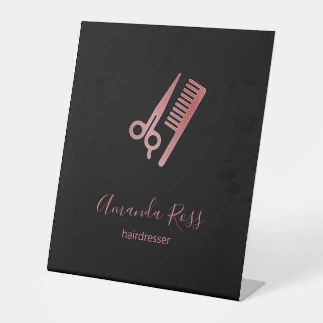 Rose gold scissors and comb black pedestal sign (Front)