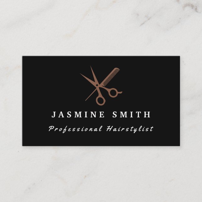 Rose Gold Scissors And Comb Logo Hairstylist Business Card (Front)