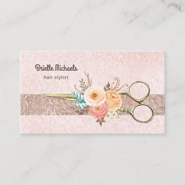 Rose Gold Scissors Elegant Floral Hair Stylist Business Card (Front)