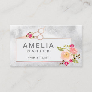 rose Gold Scissors Floral Hair Stylist Salon Business Card