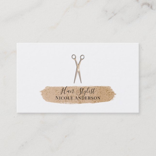 Rose Gold Scissors Peach Glitter Chic Hair Stylist Business Card (Front)