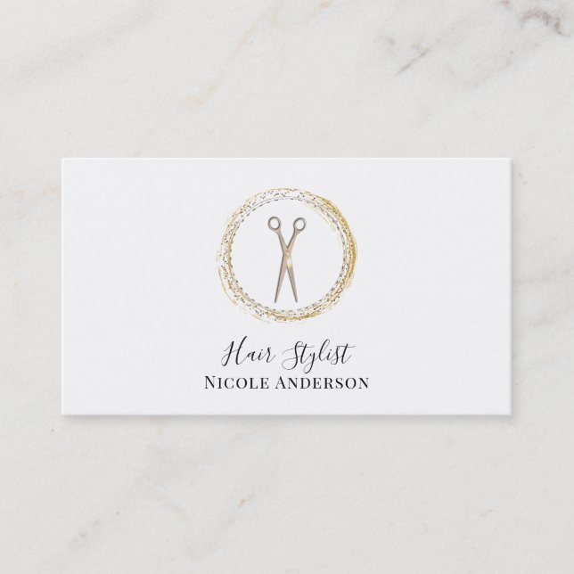 Rose Gold Scissors Sparkle Circle Hair Stylist Business Card (Front)