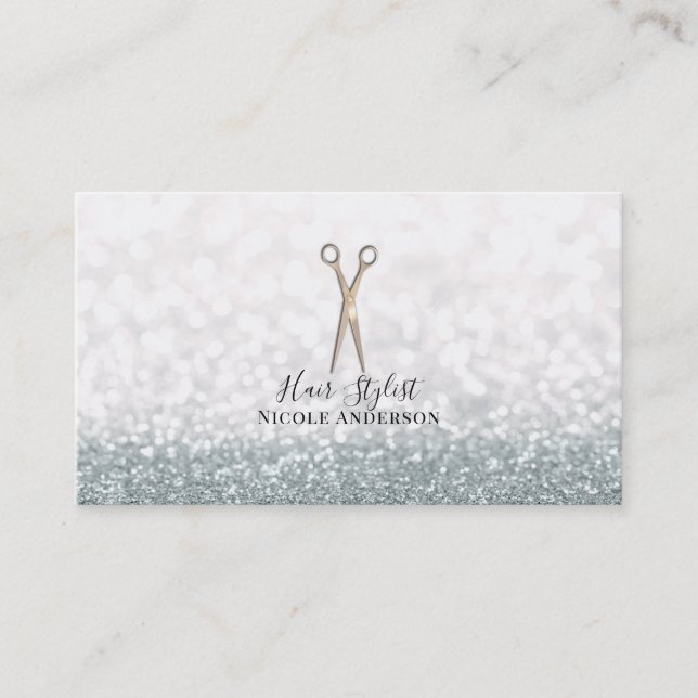 Rose Gold Scissors White Glitter Hair Stylist Business Card (Front)