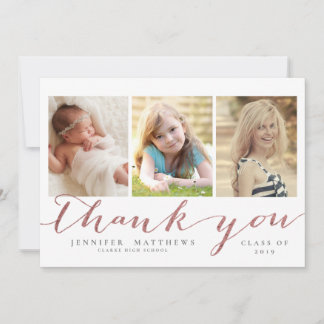 Rose Gold Script 3 Photo Graduation Thank You Card