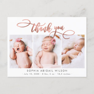 Rose Gold Script Baby Girl Photo Collage Thank You Postcard
