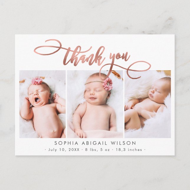 Rose Gold Script Baby Girl Photo Collage Thank You Postcard (Front)