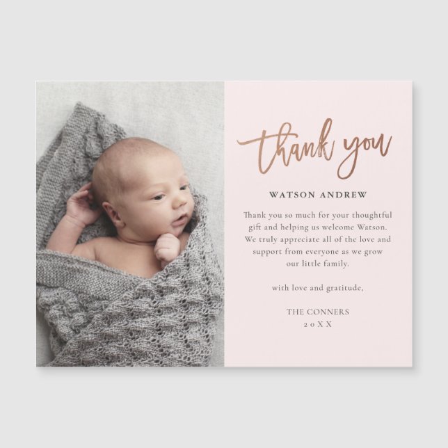 Rose Gold Script Baby Thank You Magnetic Card (Front)