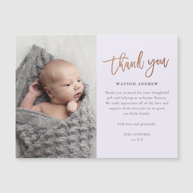 Rose Gold Script Baby Thank You Magnetic Card (Front)