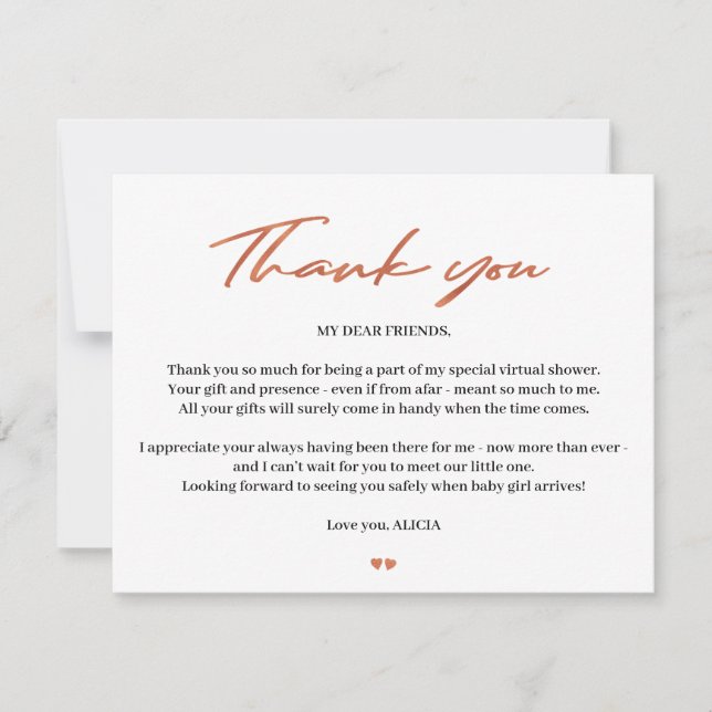 Rose gold script baby virtual shower thank you (Front)