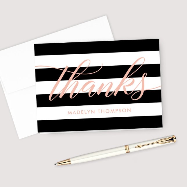 Rose Gold Script Black and White Stripes Wedding Thank You Card (Creator Uploaded)