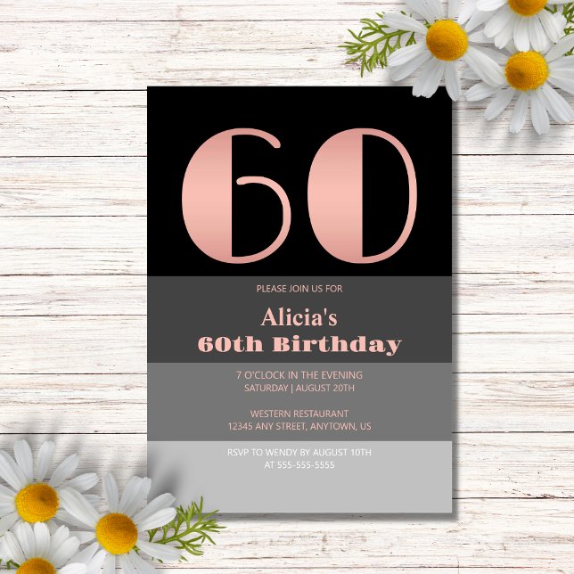 Rose Gold Script Black Grey Stripes 60th Birthday Invitation (Creator Uploaded)
