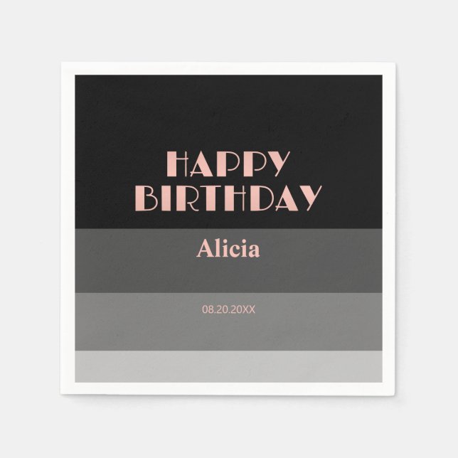 Rose Gold Script Black Grey Stripes Birthday Napkin (Front)