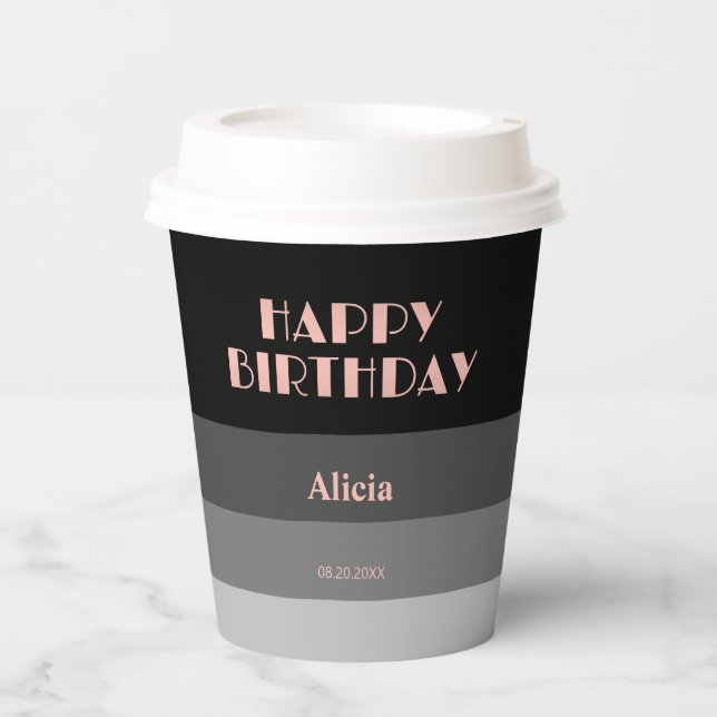 Rose Gold Script Black Grey Stripes Birthday Paper Cups (Front)