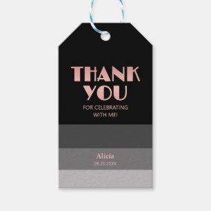 Rose Gold Script Black Grey Stripes Thank You Gift Tags