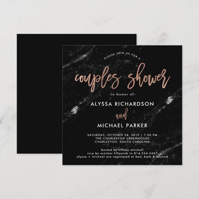 Rose Gold Script | Black Marble Couples Shower Invitation (Front/Back)