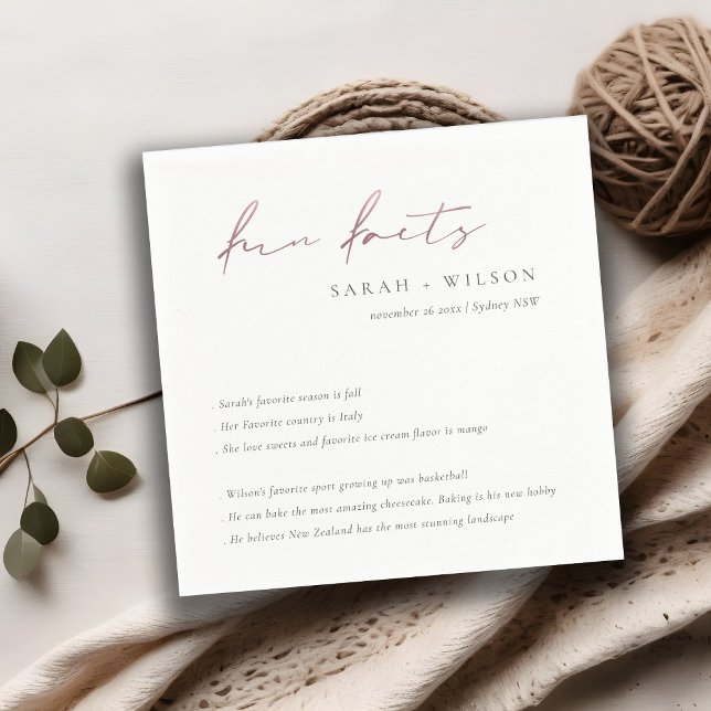 Rose Gold Script Black White Wedding Fun Facts Napkin (Creator Uploaded)