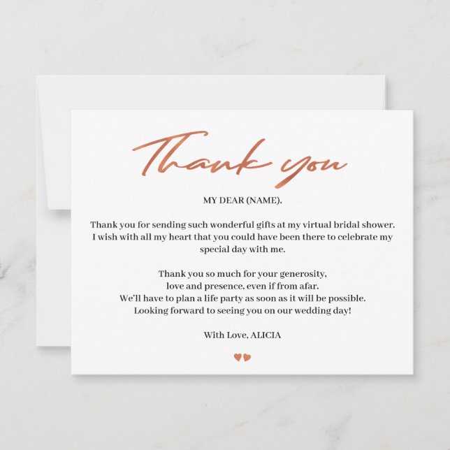 Rose gold script bridal virtual shower thank you card (Front)