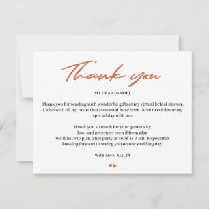 Rose gold script bridal virtual shower thank you card