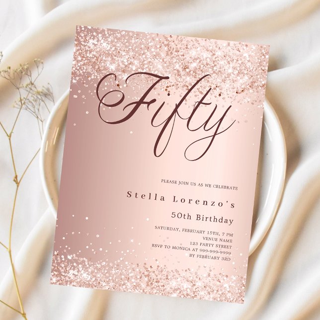 Rose gold script budget 50th birthday invitation (Creator Uploaded)