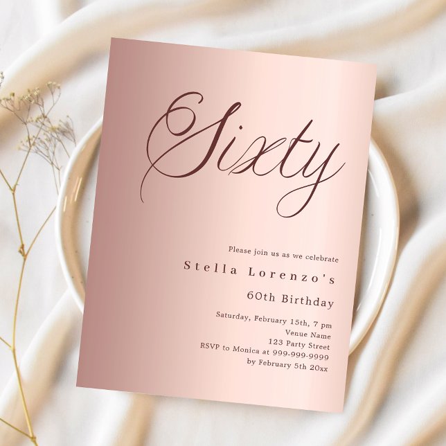Rose gold script budget 60th birthday invitation (Creator Uploaded)