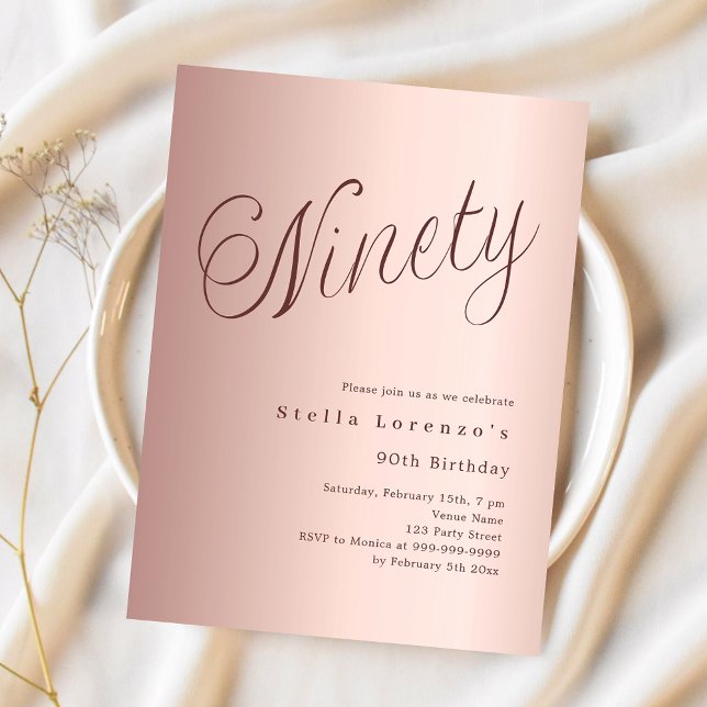 Rose gold script budget 90th birthday invitation (Creator Uploaded)