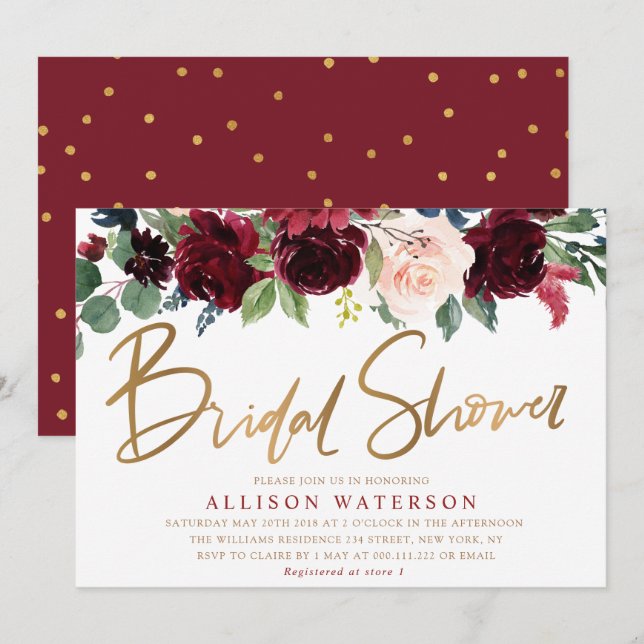 Rose gold script burgundy bridal shower invitation (Front/Back)