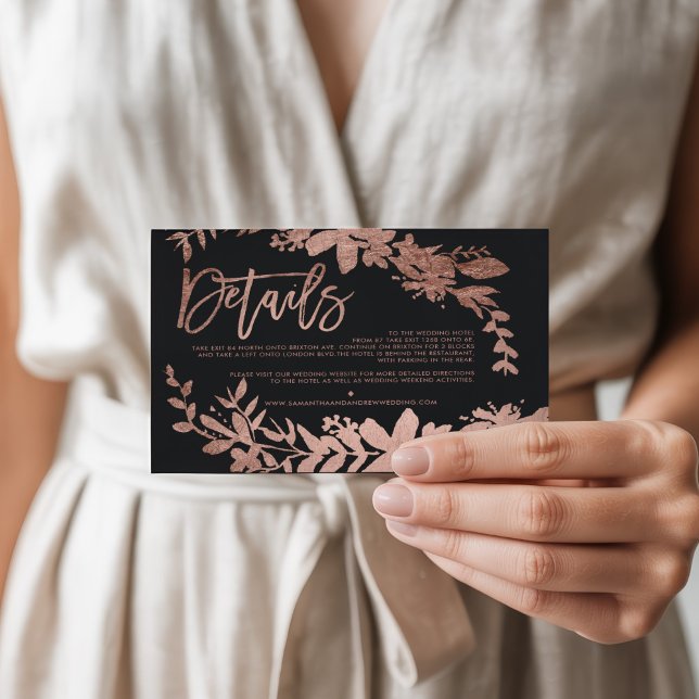 Rose Gold script floral black wedding direction Enclosure Card (Rose Gold script floral black wedding direction Enclosure Card)
