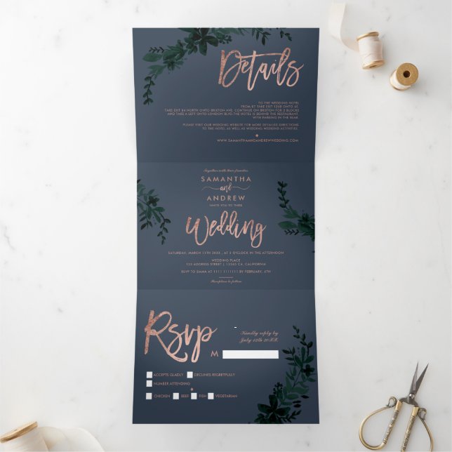 Rose gold script Floral blue elegant wedding Tri-Fold Invitation (Inside)