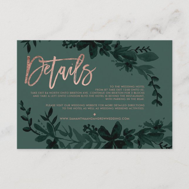 Rose gold script Floral green wedding direction Enclosure Card (Front)
