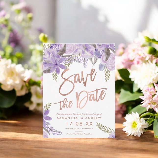 Rose gold script Floral lavender save the date Announcement Postcard (Rose gold script Floral lavender save the date Announcement Postcard)