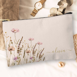 Rose Gold Script Floral Name Monogram Accessory Pouch