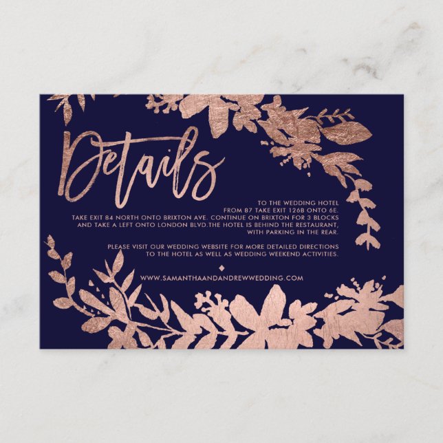 Rose Gold script floral navy wedding direction Enclosure Card (Front)