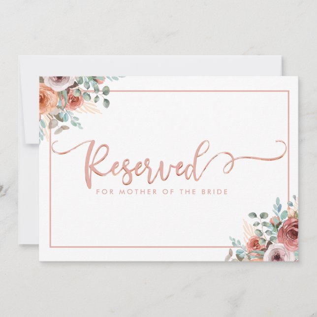 Rose Gold Script, Floral Reserved Place Card (Front)