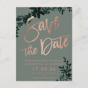 Rose gold script Floral sage green save the date Announcement Postcard